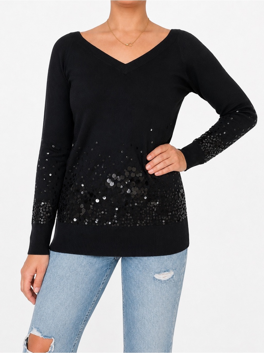 H&M Hand Beaded Cotton Fine Knit V-neck Pullover Sweater